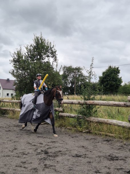 Reiter in mittelalterlicher Kleidung mit Lanze auf einem Pferd in einem Reitplatz.